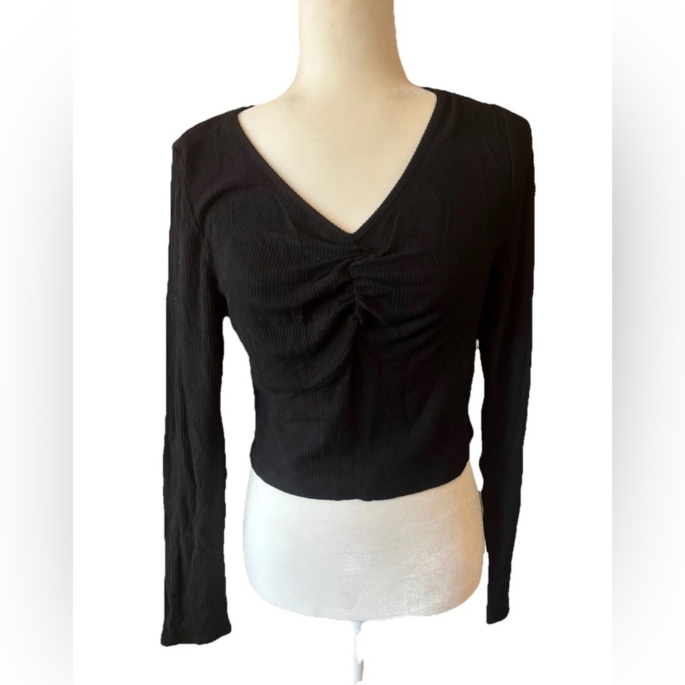 Blooming Jelly Long Sleeve V-neck Ribbed Black Crop Top Womens Size Large